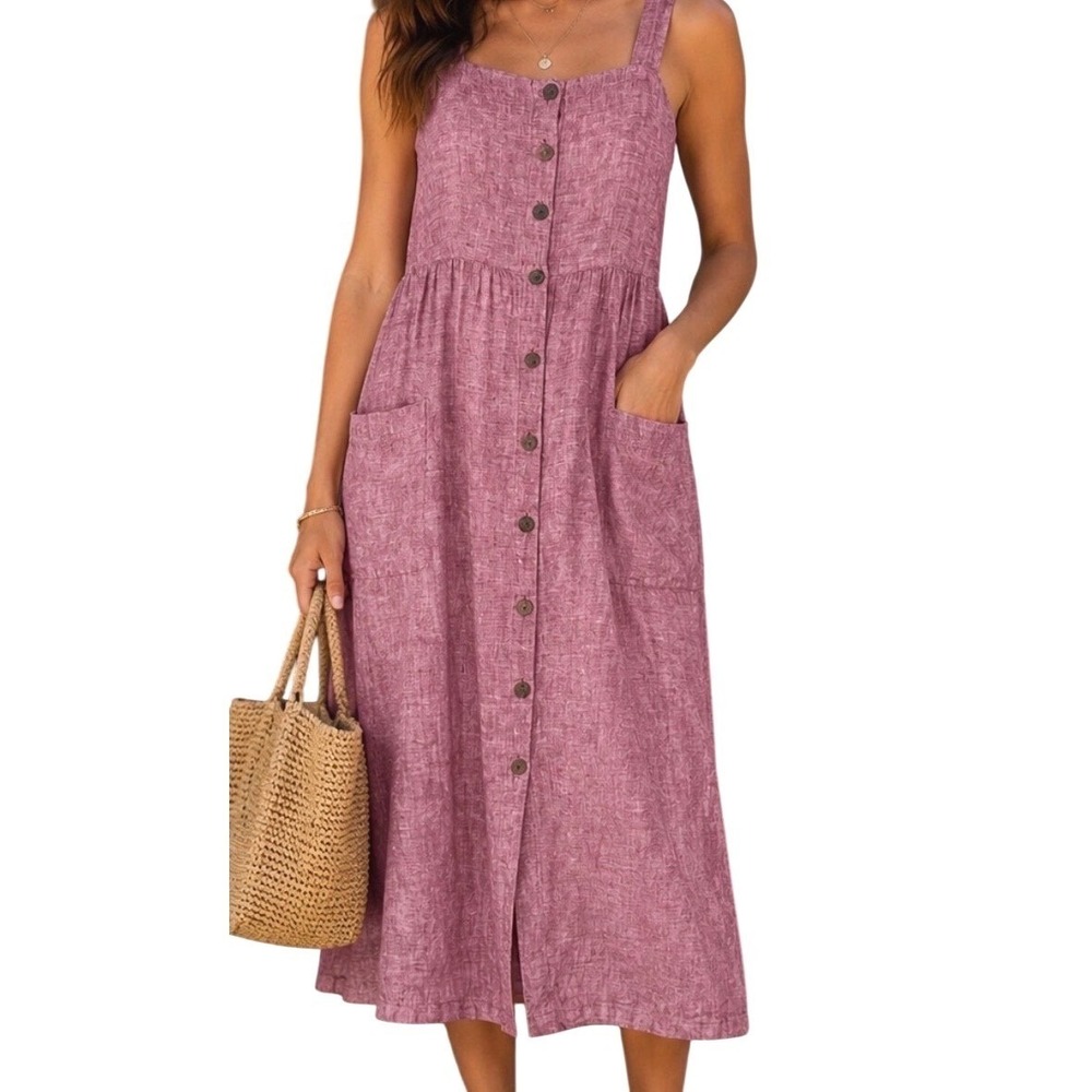 Rachel Zoe Women Pink Linen Button Front Midi Dress Size 8 Pockets no sleeves